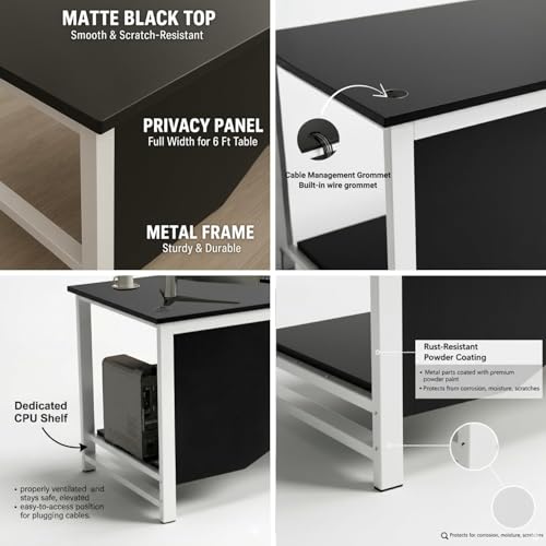 Image of Executive Director Desk | Office Table | Manager Cabin Work Desk with Modesty Panel & Cable Grommet | Sturdy Metal Frame | Black Top & White Base | DIY Installation