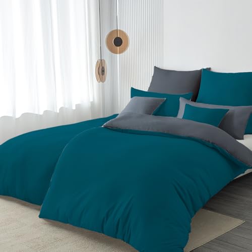 Nesture Bettwäsche 135x200 4teilig Petrol/Anthrazit Bettwäsche Sets...