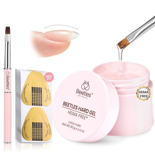 Gelab cosmetics LLC Beetles HEMA-Free Hard Gel for Nails-2 Pcs 1 oz 9 in 1 Clear & Jelly Nude UV & LED Lamp Cured Sculpting Gel for Nail Extension & Nail with Flat Nail Brush High Hardness Nails for Pros Women
