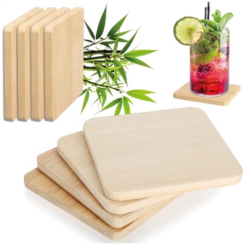 COM-FOUR® 8X Posavasos Cuadrados de bambú con Patas Antideslizantes - Posavasos de Vidrio de 9,5 cm - Posavasos para Vasos, Tazas y Botellas