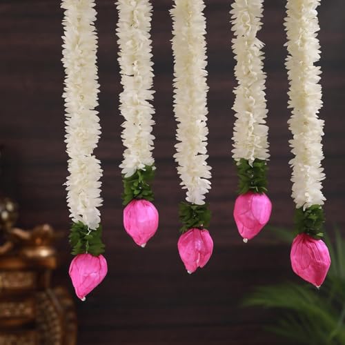 Set of 5 Artificial Jasmine Garland Toran with Lotus Buds 13 Inch Strings Jasmine Garland Toran with Lotus Buds for Pooja Decoration Wall Hanging for Ganesh Chaturthi Diwali & Festive Decor