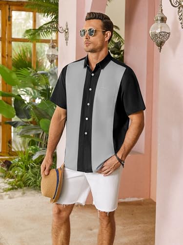 Hardaddy Men'S Vintage Bowling Shirt Short Sleeve Button Down Hawaiian Summer Beach Casual Shirts Gray Xl thumb #3