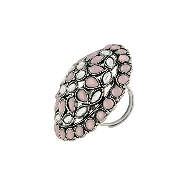 I Jewels Silver Oxidized Kundan Work Designer Adjustable Finger Ring for Women (FL208) - Image 6