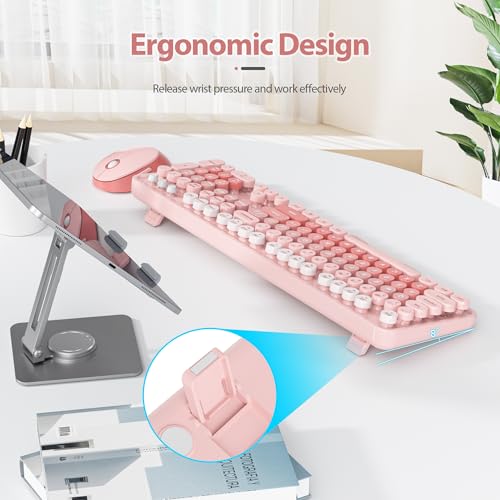 Image of Fogruaden Pink Retro Typewriter Keyboard and Mouse Wireless, 2.4GHz Office Full-Sized Colorful Computer Keyboard with Number Pad and Cute Mouse for Windows PC Desktops Laptop
