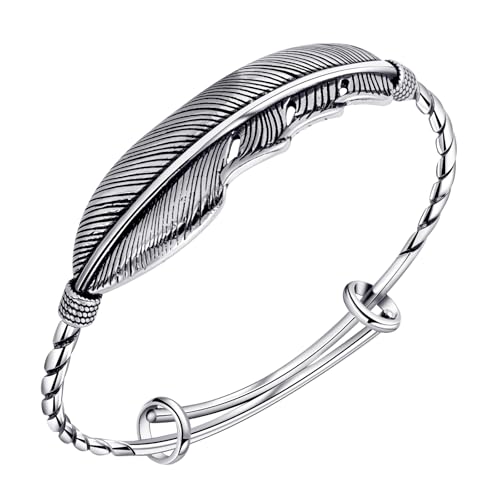 Silver Feather Bracelet Vintage Adjustable Cuff Bracelet Pull-Out Style Bangles Bracelet Vintage Bracelet for Women Men