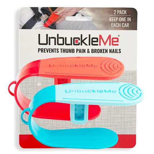 Image of UnbuckleMe Car Seat Buckle Release Tool (As Seen on Shark Tank) - Easy Opener Aid for Arthritis, Long Nails, Older Kids - Button Pusher for Infant, Toddler, Convertible Car Seats (2 Pack, Blue & Red)