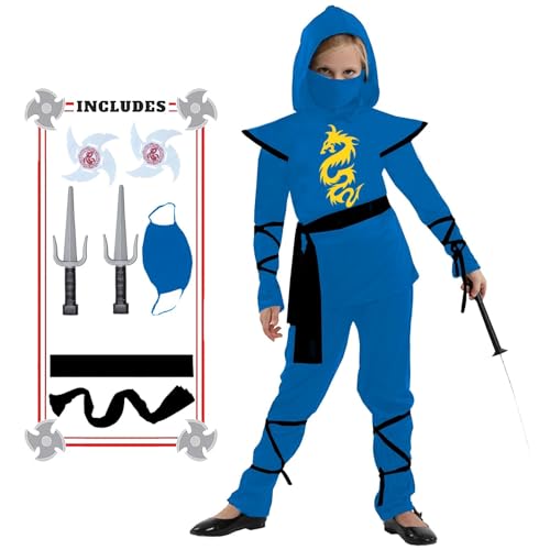 SATKULL Girls Ninja Costume Halloween Ninja Costumes Set for Kids Girl Ninjas Role Playing Dressing Suit(Kids-S-4/5T Blue)