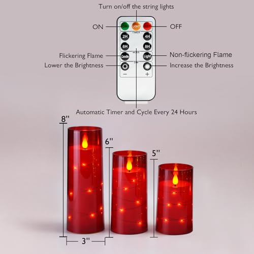 Image of Homemory Flickering Flameless Candles, Red LED Pillar Candles with Remote