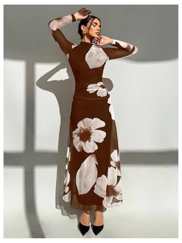 Image of Verdusa Women's Floral Wedding Guest Dress Long Sleeve Mesh Slimming Cocktail Vacation Maxi Dresses