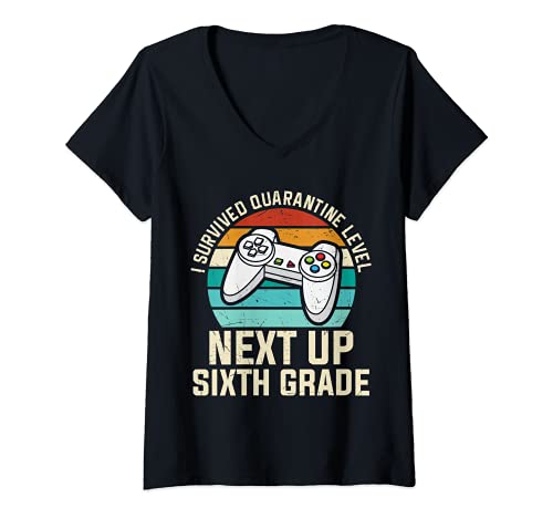 Femme I Survived Quarantine Level 6th Grade Gamer pour étudiant T-Shirt avec Col en V