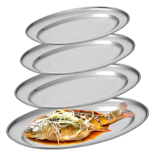 SUNOYA Plateau de service en acier, 4 pièces rondes en acier inoxydable, plateau ovale en acier, assiettes de service ovales pour viande, assiette, poisson et...
