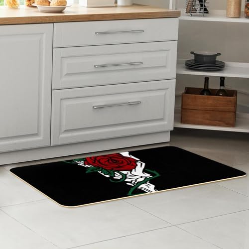 Tapis de cuisine antidérapants lavables à motif rose et squelette