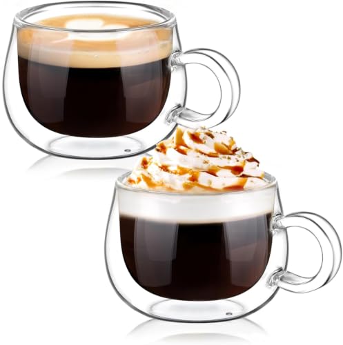 Image of Double Wall Glass Coffee Cups Set of 2, 250 ml Clear Large Insulated Coffee Mugs with Handles, Glass Cups for Tea, Milk, Espresso, Cappuccino, Latte & Hot Beverages