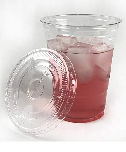 Royal Packaging suppliers 100sets 16oz. Plastic Ultra Clear Cups with flat lids is for cold drinks like iced coffee, Bubble Tea, Frozen Cocktails, water, Sosa and jucies