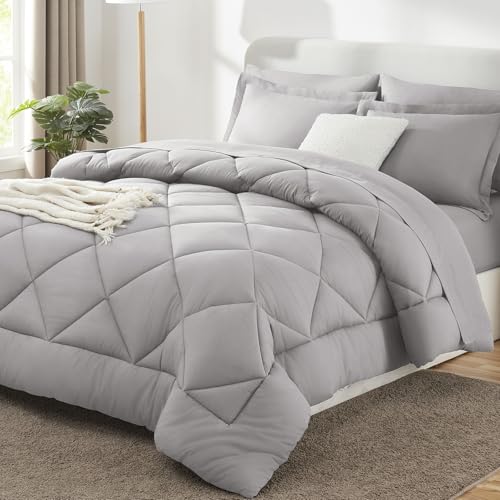 CozyLux Queen Comforter Set French Grey 7-Piece Bed in a Bag