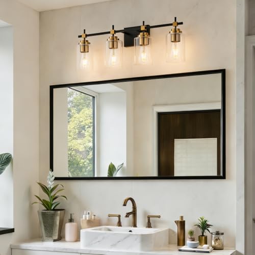 Image of SOLFART Black and Gold Vanity Light,4 Light Modern Vintage Wall Light with Clear Globe, High-End Bathroom Light Fixtures Over Mirror, Easy to Install (Bulbs Not Included)