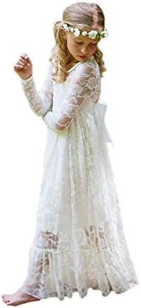 Fancy Ivory White Lace Flower Girl Dress Boho Rustic First Communion Gowns(Size 8,White)