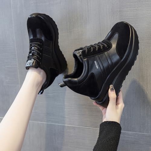 Image of Platform Sneakers for Women High Hidden Heel Wedge Sneakers Fashion Leather Chunky Lace up Wedge Tennis Shoes Increasing 3.94 inch
