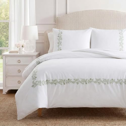 Image of Martha Stewart - Queen Comforter Set, Soft Cotton Front with a Smooth Cotton Percale Reverse, 3 Piece Bed Set with Matching Pillowcases (Garden Path Embroidery Green)