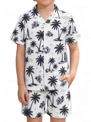Image of DAXIANG Boys 2 Piece Hawaiian Outfit Summer Button Down Shirt and Pocket Short Sets Beach Vacation Clothes for Kid Size 3-10