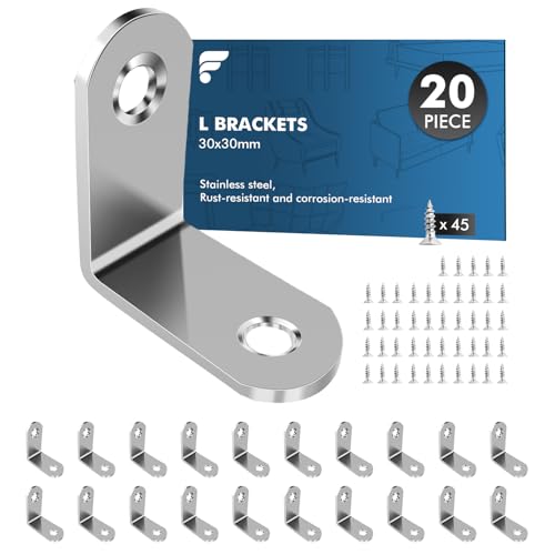 Image of shinfly Angle Brackets 20 Pcs, L Brackets for Wood with 45 Pcs Screws, 30 x 30mm Corner Metal for Wood for Furniture Shelves Chair Table Window