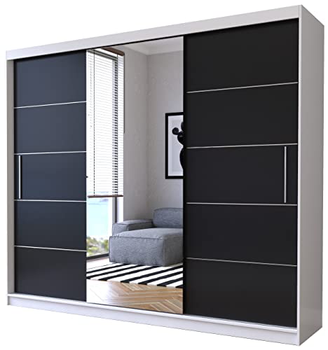 Fabryka Mebli Idźczak Schwebetürenschrank Alba 250 cm, Schiebetürenschrank mit Spiegel, Kleiderschrank Kleiderstange und Einlegeboden, Schlafzimmerschrank, Schiebetüren, Modern Design (Weiß/Schwarz) Cover