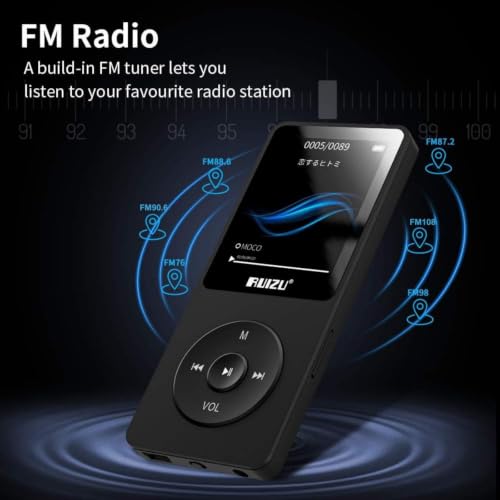 Image of RUIZU 64GB MP3 Player with Bluetooth 5.3, 1.8 inch Screen & 80H Playback | Portable Music Player with FM Radio, Voice Recorder, EBook, Audio Shuffle Playback, Lightweight 30g, Up to 128GB MicroSD Card