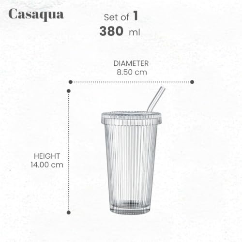Image of Glass Tumbler with Lid and Straw - 380ml, Set of 1, Clear Ribbed Iced Coffee Cup,Vintage Drinking Jar Glasses,Fluted Glassware for Juice Smoothie Water Milk Soda