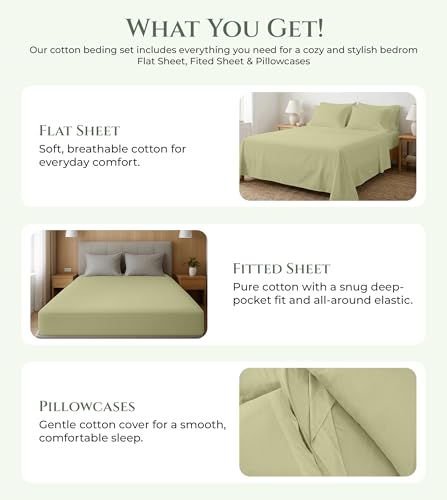 Image of ROYALE LINENS 100% Organic Cotton Twin Sheet Set - 16 inch Deep Pocket Bed Sheets - Sage Green Bed Sheets - Sabanas Twin - 1 Flat, 1 Fitted & 1 Pillowcase - Sage Green Sheet Set - Cotton Bedding Sets