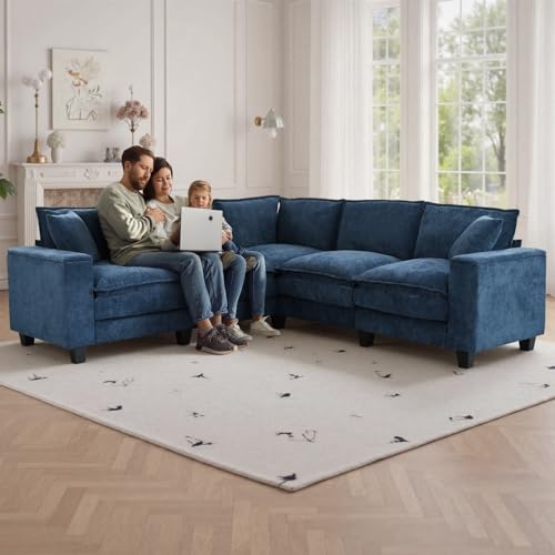 Image of 97 inch L Shaped Couch Corner Sofa, 5 Seater Oversized Cloud Couch with 2 Pillows Chenille Modular Sectional Sofa Armrests with Two Hidden Storage Space Sectional Couches for Living Room Dark Blue