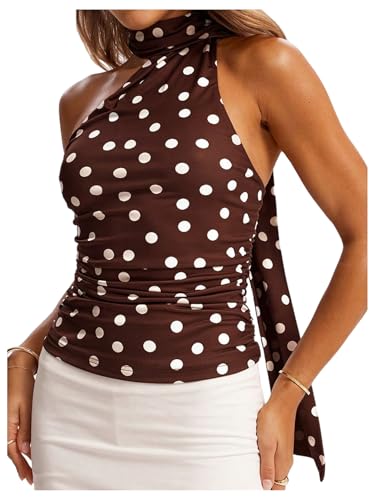 Milumia Women's Y2k Polka Dots Ruched Halter Top Sleeveless Fitted Going Out Tops with Scarf Brown Large