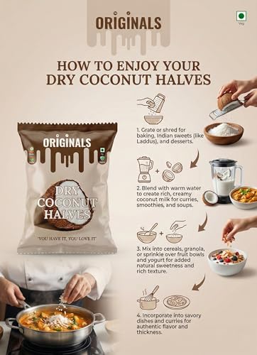 Image of ORIGINALS Premium Dry Coconut Halves (आधा नारियल) 400g Natural Sun-Dried Fresh Fibre-Rich & Aromatic Suitable for Desserts chutneys and Sweets