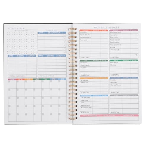 FONDOTIN Cuaderno de Presupuesto Mensual con Cubierta de PP Negra Planificador de Ahorro y Registro de Gastos E Ingresos Agenda Compacta para Control Financiero en Casa y Oficina