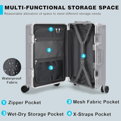 Image of AnyZip Carry On Luggage PC+ABS Aluminum Frame Zipperless Luggage Hard Shell Suitcase TSA Lock Double Spinner Wheels 20 Inch Silver