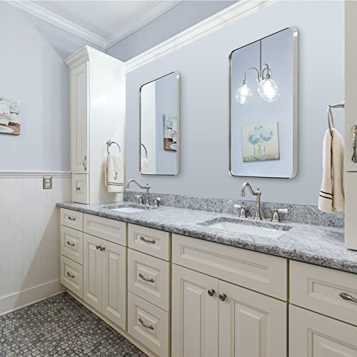 Andy Star Brushed Nickel Mirror For Bathroom, 22"X30" Silver Metal Frame Wall Mirror, Rectangular Stainless Steel Rounded Corner Mirror With 1’’ Deep Set Design Hangs Horizontal Or Vertical #TOP6