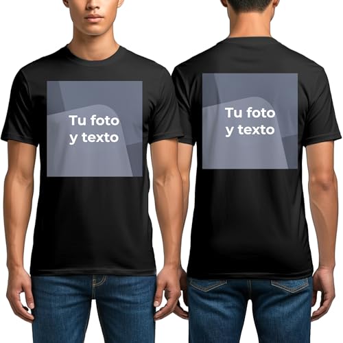 Cimpress Camiseta Hombre Estampada Personalizada, Manga Corta, algodón, Blanca o Negra, S a 3XL, Ideal para Equipos, Marcas o Regalos Originales (FR/ES, Letras, L, Regular, Regular, Negro)