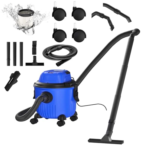 AUTOFU Aspirapolvere industriale per umido e secco, Include 15L,tubo flessibile da 1,5 m, testina 2 in 1, 4 rotelle,Filtro Haipa lavabile,Per la pulizia di capelli/acqua stagnante/tappeti/pavimenti
