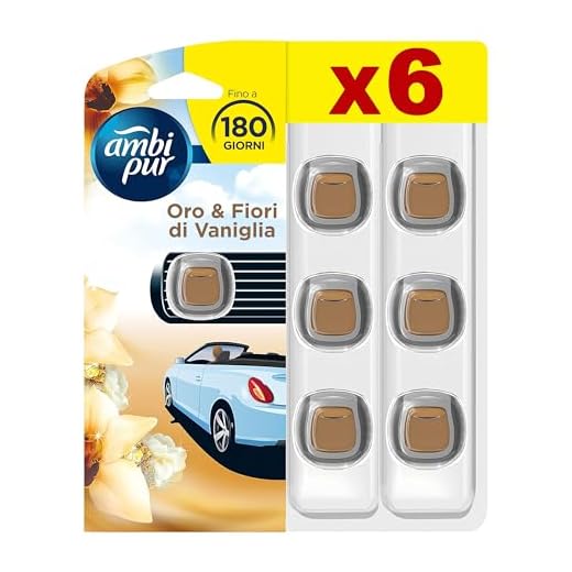 Ambi Pur Profumatore Auto, 6 Deodoranti Auto, Fragranza Oro e Fiori di Vaniglia, Elimina Odori, Facile da Agganciare, Fino a 30 Giorni di Profumo per Deodorante, Usa e Getta