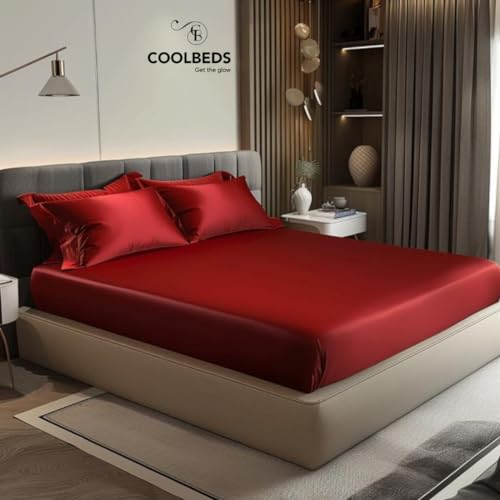 Image of COOLBEDS Satin Elastic Fitted Sheet & 2 Pillow Covers (King, Red)