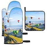 Juego de guantes de horno y soportes para ollas con estampado de globos de aire caliente, antideslizantes para cocinas, parrillas, cocinar, hornear
