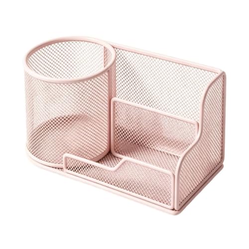 Image of Multipurpose Iron Mesh Desktop Organizer Stable Base Desktop Organizer with Cylindrical Holder Open-Access Multi-Compartment Mesh Pen Holder Space-Saving for Home Office, Vanity, Craft Area, Pink