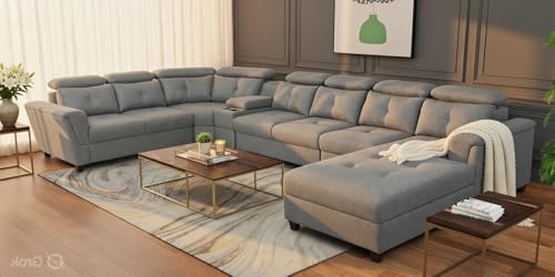 Image of Mishel 12 Seater Sofa Set for Living Room | Sectional U Shaped 12 Seater Sofa with Storage & Cupholder (Light Grey Fabric, RHS)