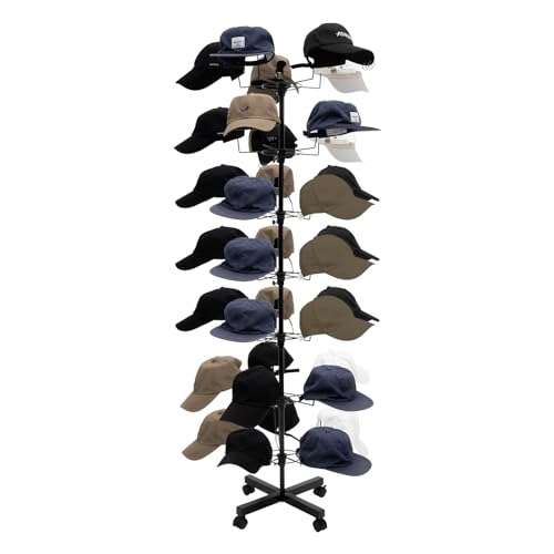 Goudergo 7 Tiers Rotating Hat Display Rack Stand with 35-Hooks Hat,Freestanding Holder Storage Organizer, Floor Stand Display Holder Headwear Retail Store Black/Wig/Cap Hanger Rack with Wheels