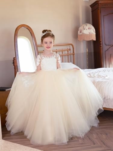 Lace Flower Girl Dress for Wedding Party Puffy Tulle Elegant Floor Long Princess First Communion Gown with Bow3