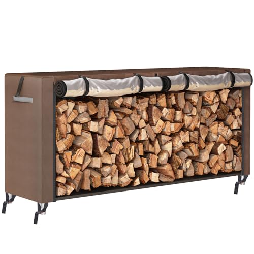 Fixwal 8ft Brown Waterproof Firewood Cover, Heavy Duty Oxford Outdoor Storage Wood Rack Cover with Buckle (Log Rack Not Included)