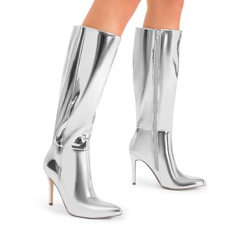 DREAM PAIRS Knee High Boots for Women, Sexy Pointed Toe Stiletto High Heel Boots, Fashion & Classic Dress Shoes,Size 7.5,Silver-Pat,SDKB2311W