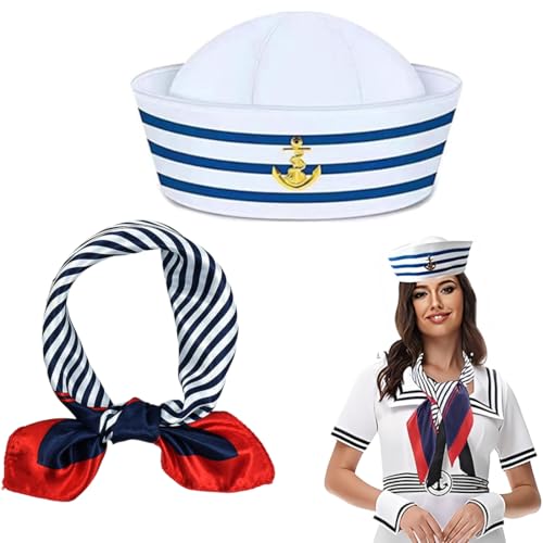 JEYORZY 2 Piezas Conjunto Disfraz de CapitáN Marinero, Conjunto de Sombrero y Bufanda de Marinero A Rayas, Gorra de Barco Marinero, Talla única, Disfraz Fiesta para Mujeres y Hombres