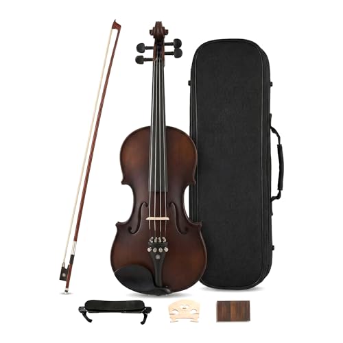 Violine 4/4 Handgefertigt aus Massiv-Fichten- & Ahornholz mit Ebenholz-Griffbrett - Komplettset mit Hartschalenkoffer Bogen & Zubehör für Anfänger und Fortgeschrittene