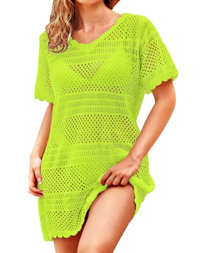 Daci Women Crochet Swimsuit Coverup Knit Bathing Suit Cover Ups Short Sleeve Summer Beach Dress