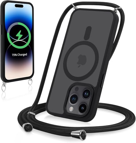 Yoedge Magnetische Handyhülle für iPhone 14 Pro 6 1 Hülle mit Band Kompatibel mit MagSafe Matt Transluzente PC + TPU Stoßfest Schutzhülle mit Abnehmbar Handyband Kordel zum Umhängen Case Schwarz